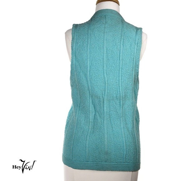 Vintage Turquoise Button Up V Neck Vest Sweater Deadstock 1970s Sz 36 - Hey Viv - Picture 4 of 6